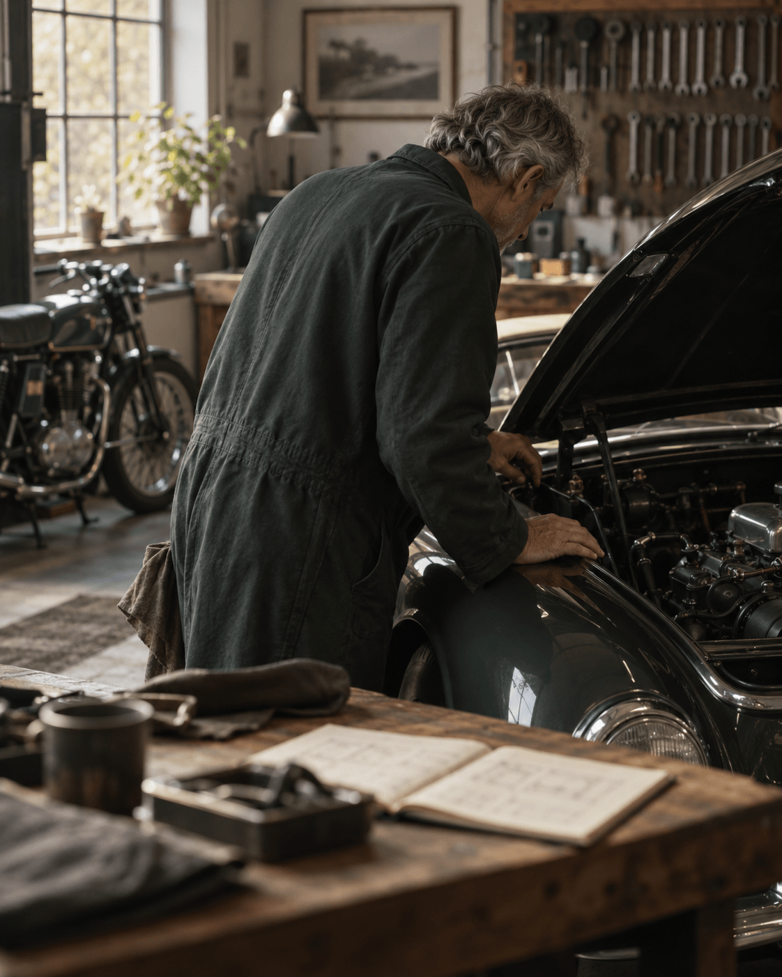 A person inspecting a vehicle inside an independent workshop