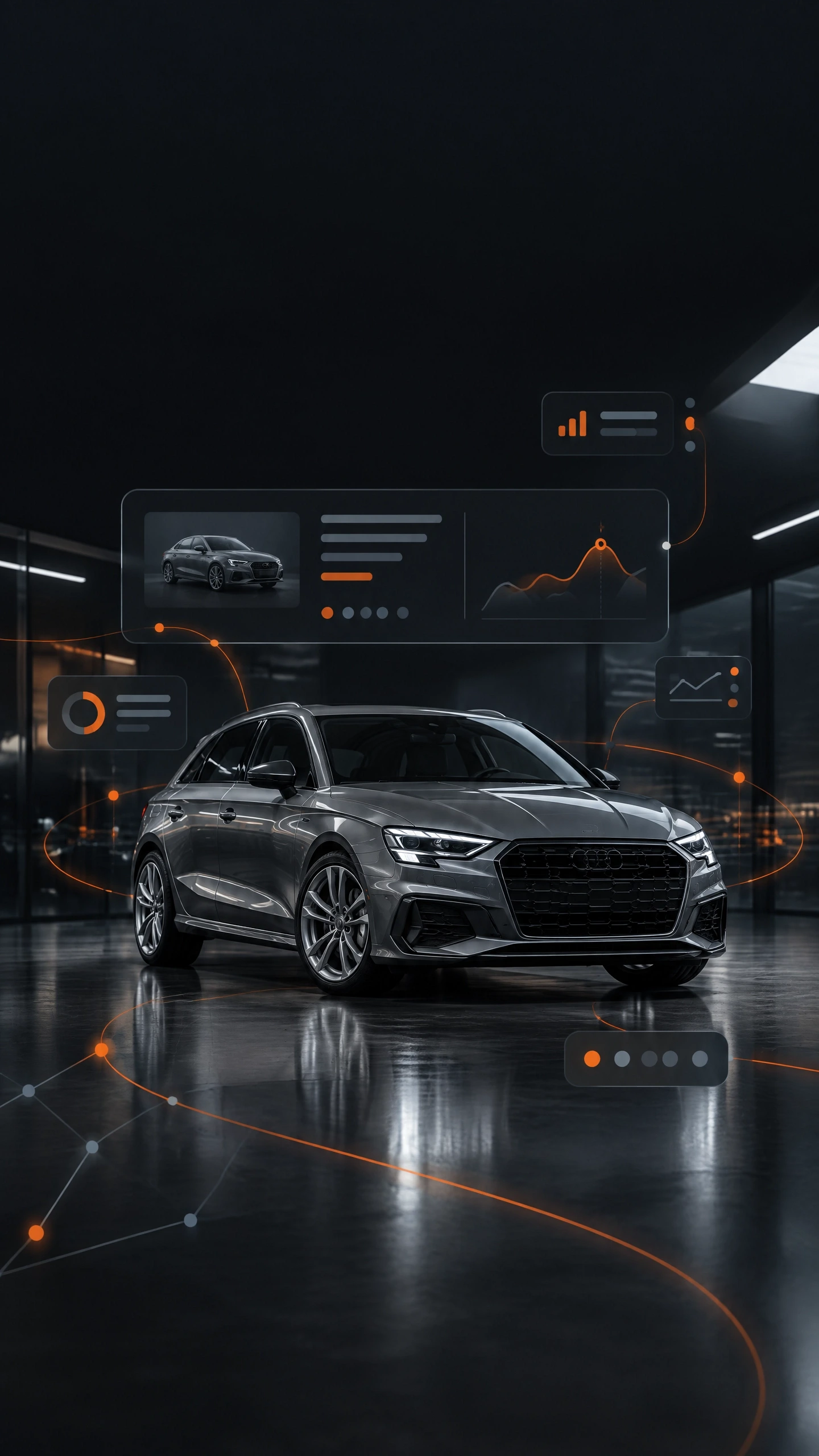 A car in a dark showroom, surrounded by the listing, specification and stock panels a dealer website is built from.