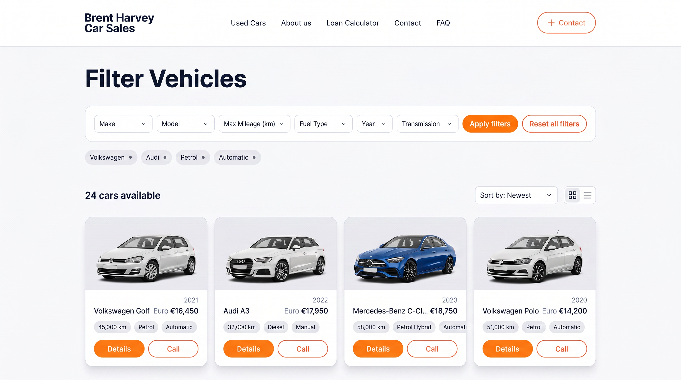 Brent Harvey Car Sales stock page with make, model and price filters applied to live listings.