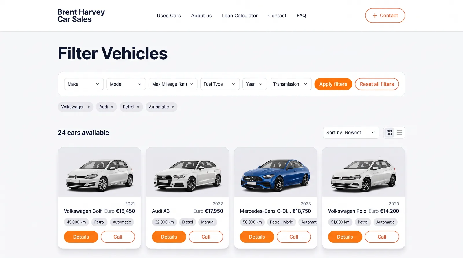 Brent Harvey Car Sales stock page with filters applied to live listings.