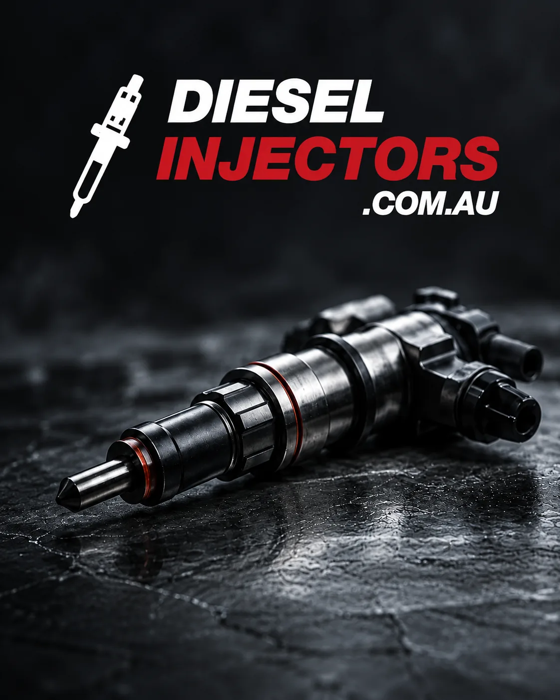 Diesel Injectors brand and a diesel fuel injector on a dark studio background.