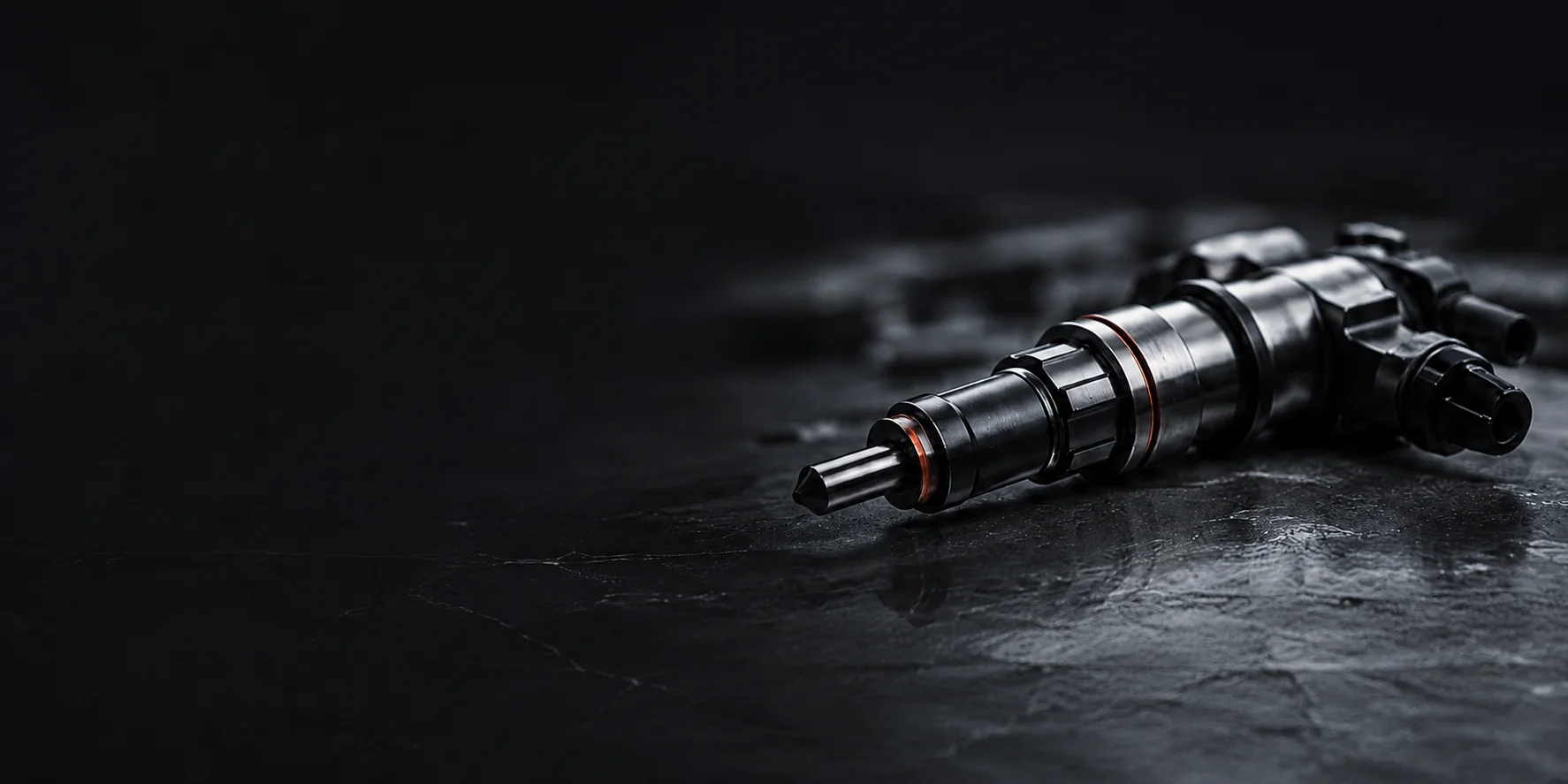 A diesel fuel injector on a dark studio surface.
