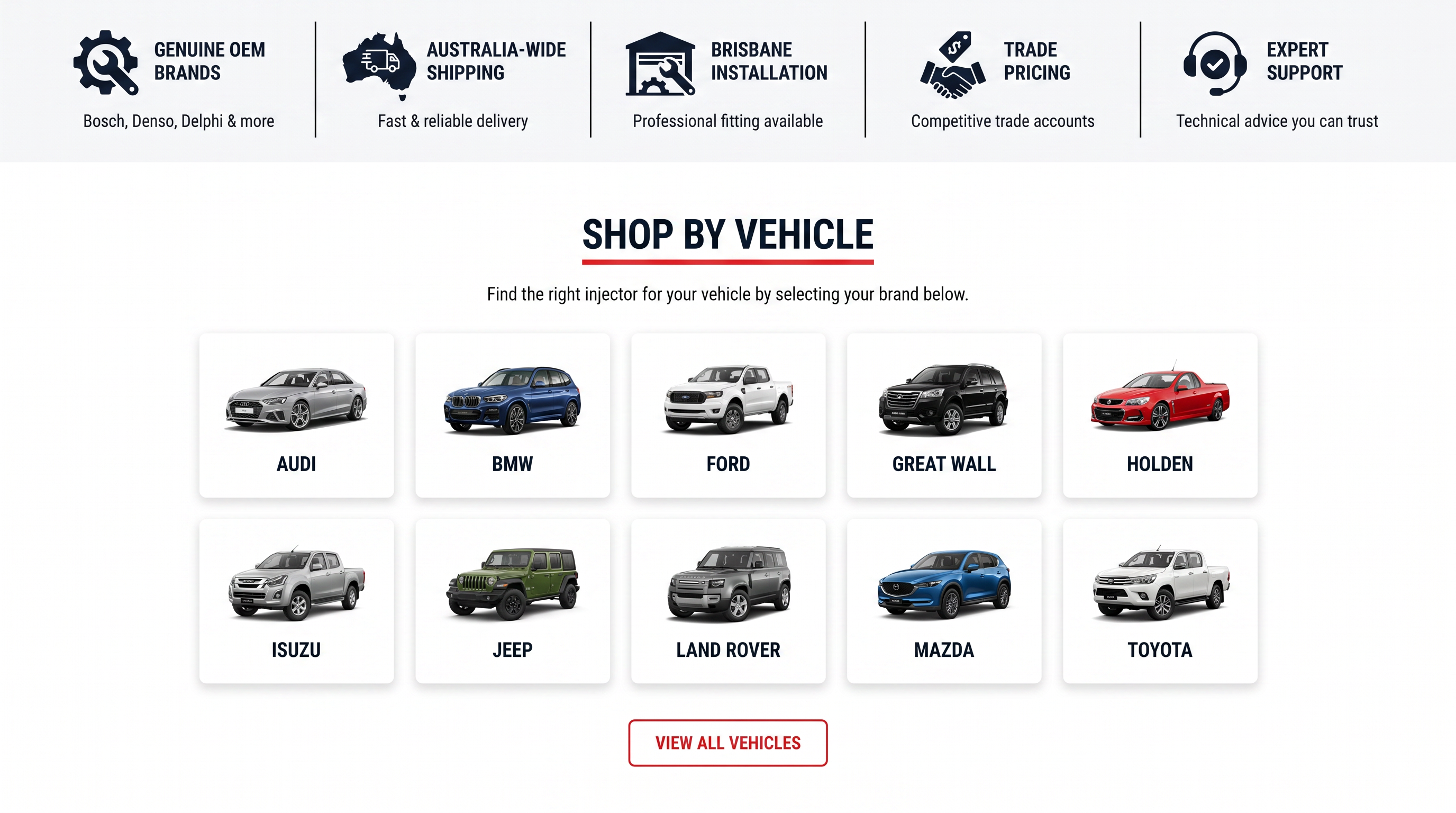A close crop of the Diesel Injectors Australia site, showing its fitment and service assurances.