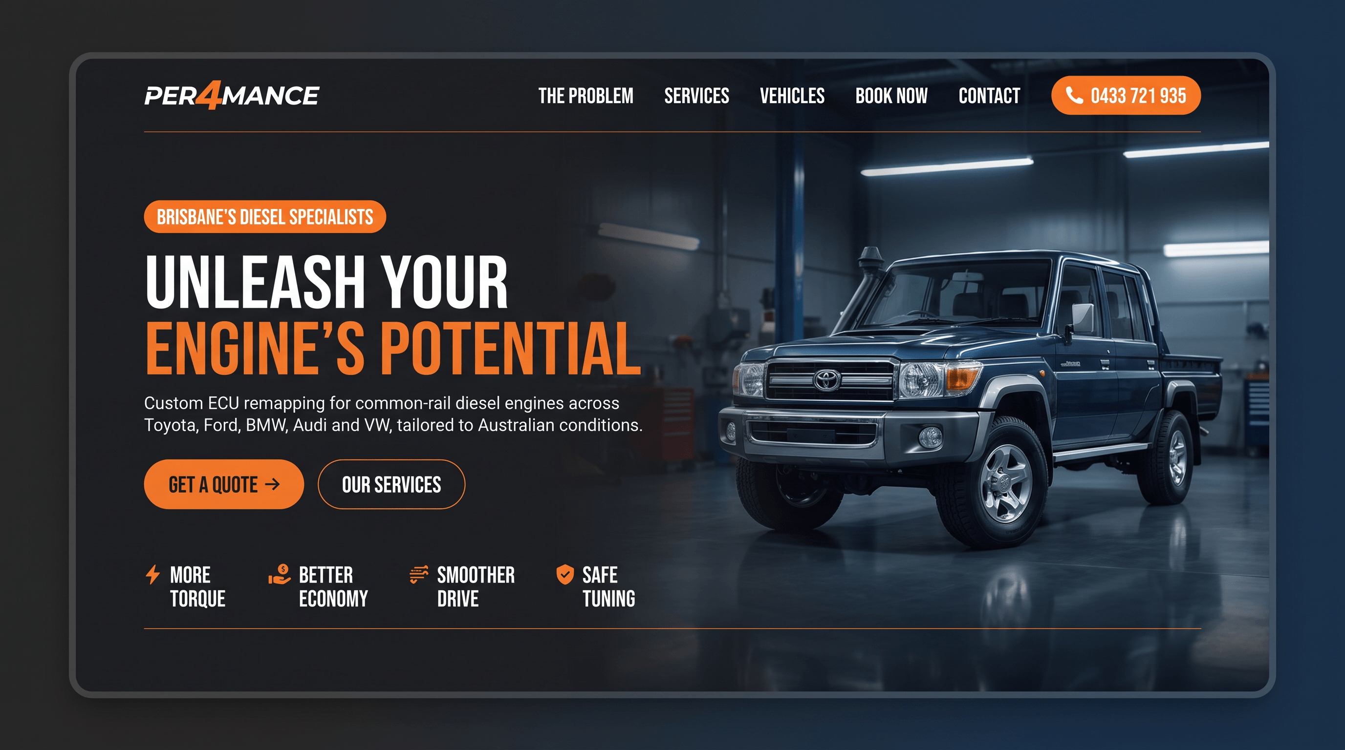 Diesel Tuning Australia's home screen, led by a tuned vehicle at speed.