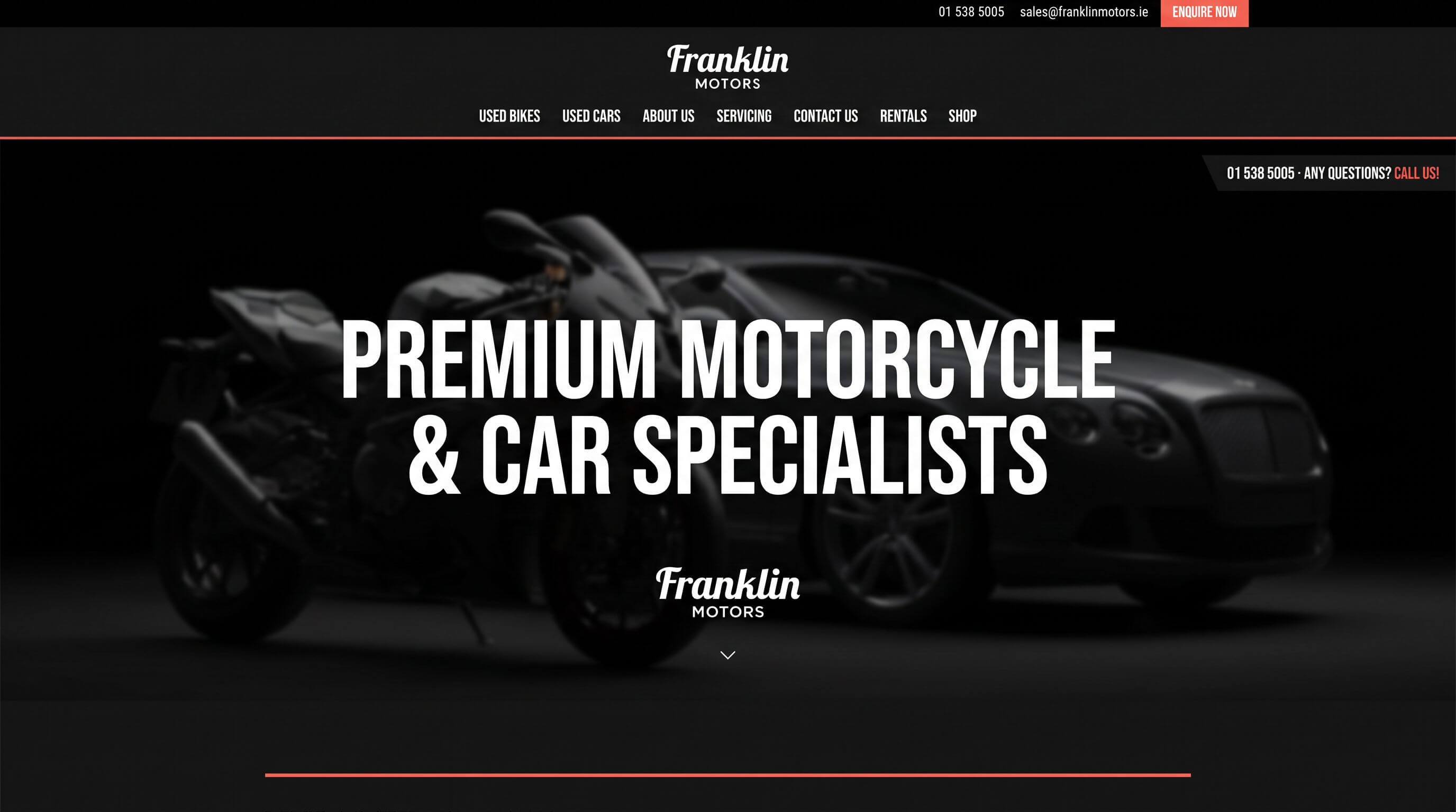The Franklin Motors website home screen with its stock search over a dealership forecourt.