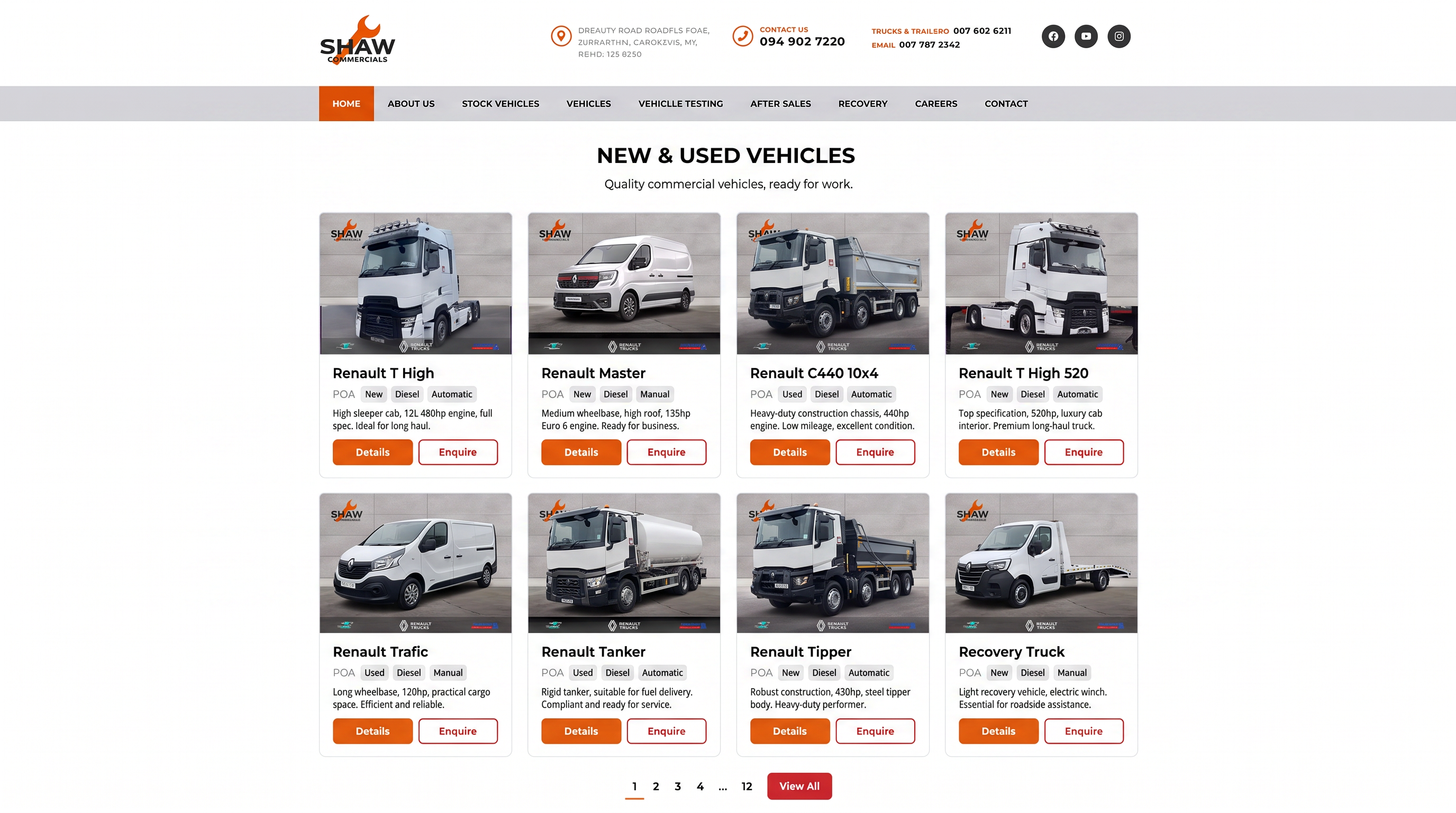 Shaw Commercials truck listing grid with tipper and tractor unit stock.