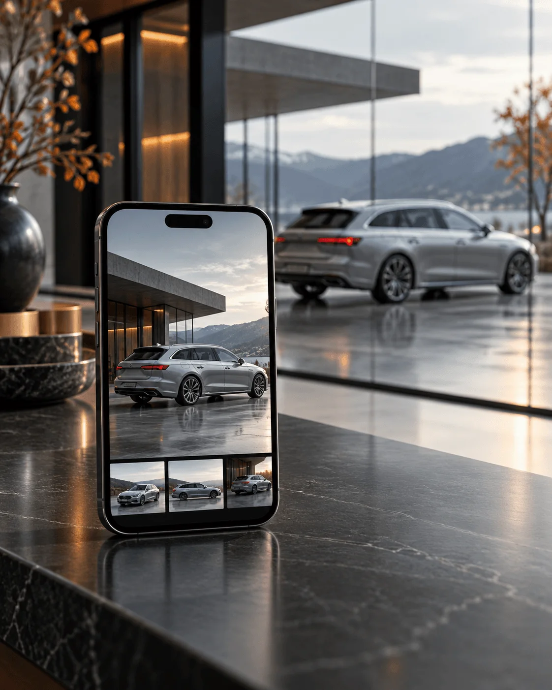 A phone on a marble counter showing a vehicle gallery, with the same estate car parked beyond the showroom glass.