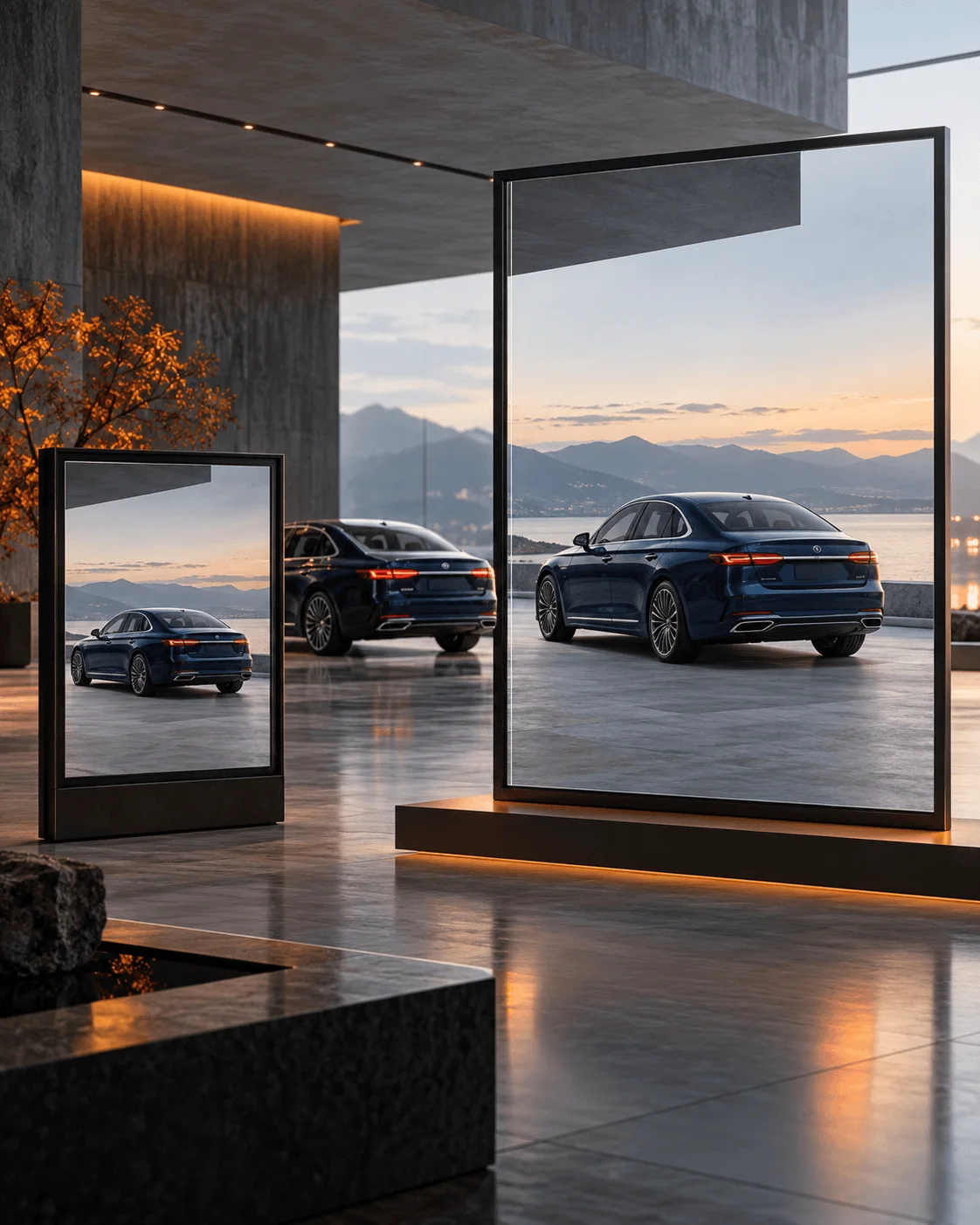 A navy saloon presented on two framed screens in a stone showroom, with the car itself parked behind them.