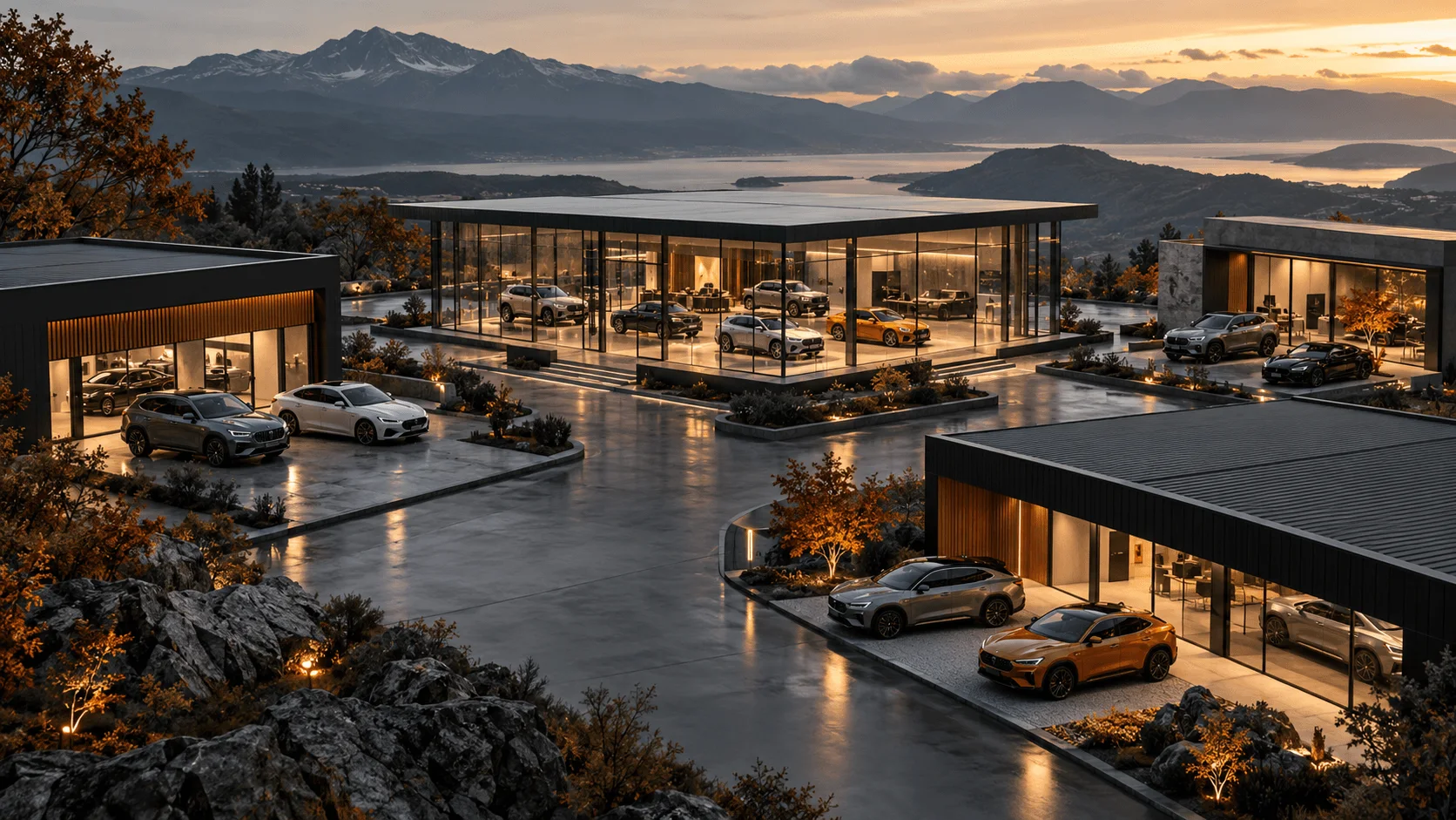 Several glass dealership showrooms on a hillside at dusk, each with its own vehicles on display.