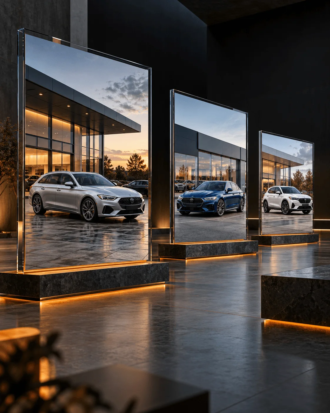 Three illuminated glass displays, each showing a different vehicle at a different dealership forecourt.