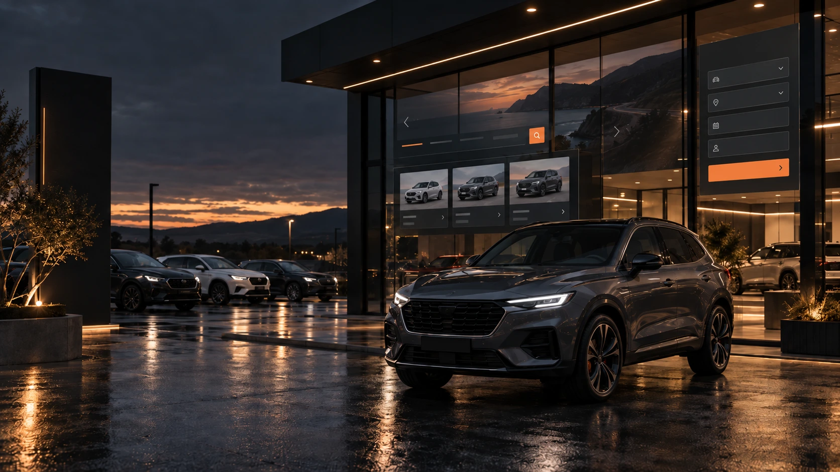 A dealership forecourt at dusk with stock listings and search displayed on the showroom glass.