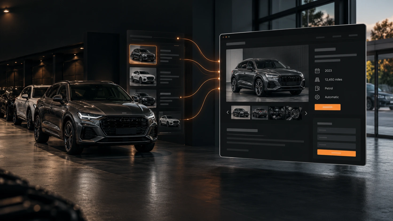 A showroom vehicle beside the stock record and vehicle page generated from it.