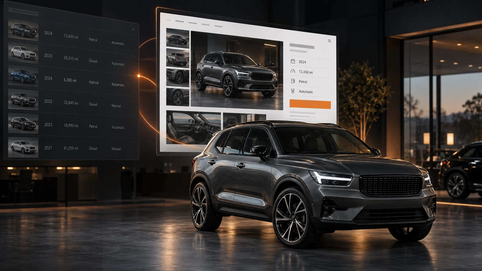 A showroom vehicle between a Dealer Hub stock table and the vehicle page generated from it.