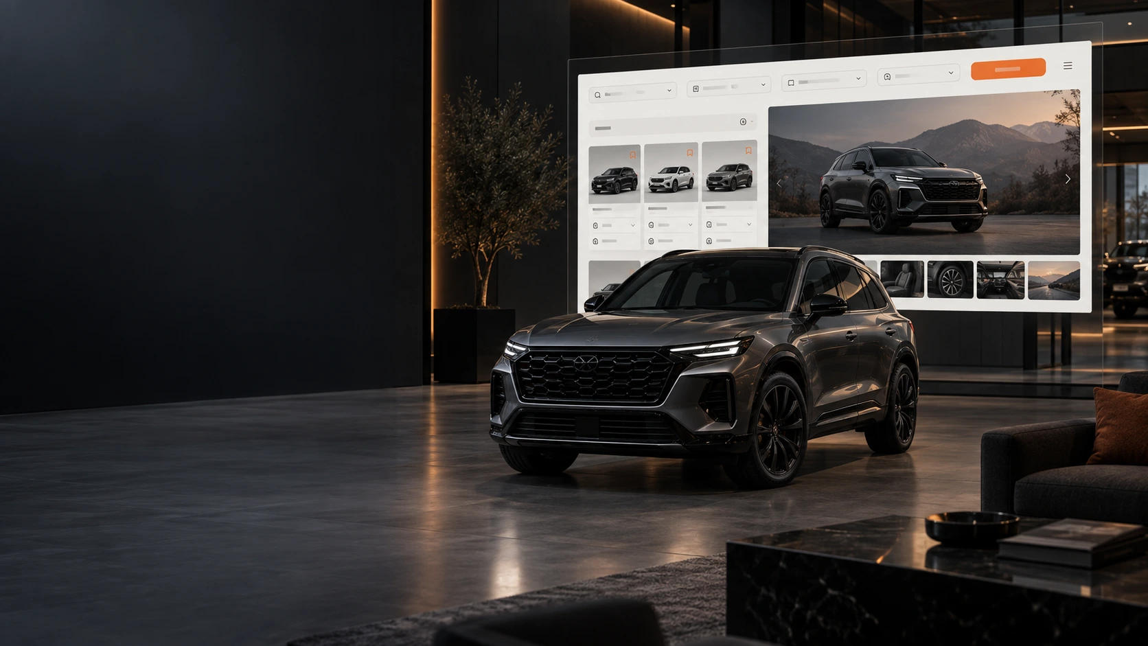 A showroom vehicle in front of a dealer website showing stock search and a vehicle page.
