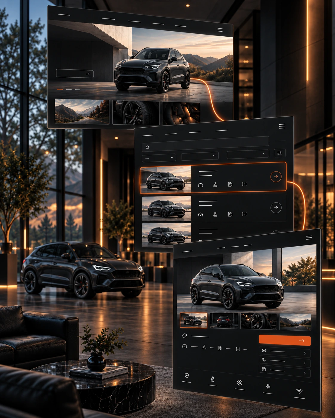 Homepage, stock listing and vehicle detail screens of one dealer website, shown together in a showroom.