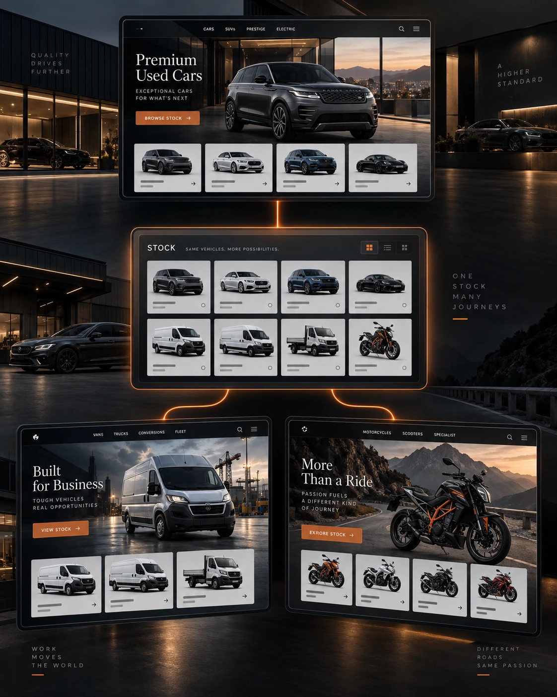 One stock set feeding a used-car site, a commercial vehicle site and a motorcycle site.