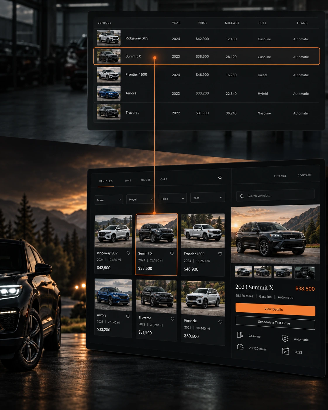 A Dealer Hub stock row highlighted, and the same vehicle highlighted in the WordPress site's listing and detail view.