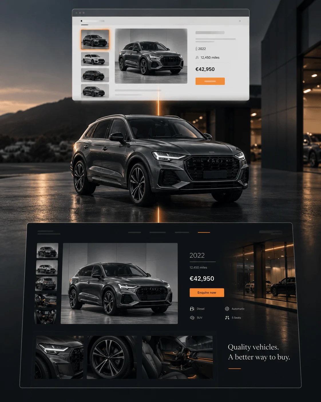 A marketplace listing above, and the same vehicle presented on the dealership's own branded website below.
