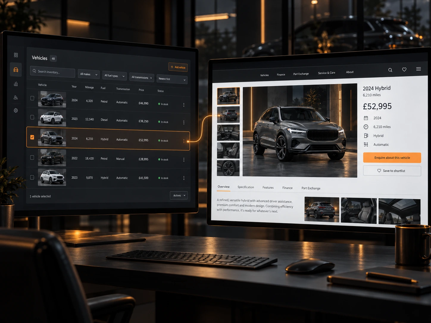 A stock management screen listing vehicles beside the public vehicle detail page generated from the selected record.