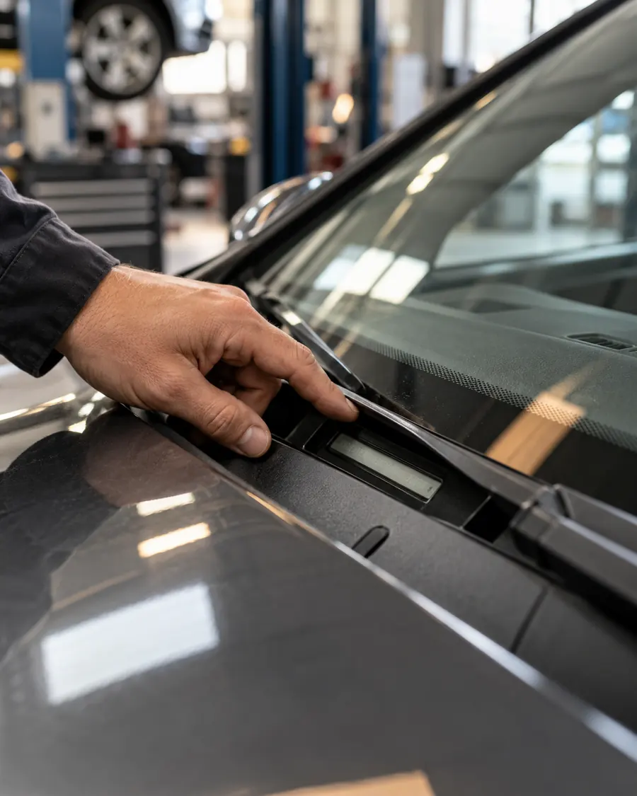 Vehicle identification number being checked at the base of a windscreen.